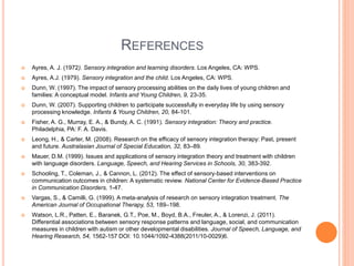 REFERENCES
 Ayres, A. J. (1972). Sensory integration and learning disorders. Los Angeles, CA: WPS.
 Ayres, A.J. (1979). Sensory integration and the child. Los Angeles, CA: WPS.
 Dunn, W. (1997). The impact of sensory processing abilities on the daily lives of young children and
families: A conceptual model. Infants and Young Children, 9, 23-35.
 Dunn, W. (2007). Supporting children to participate successfully in everyday life by using sensory
processing knowledge. Infants & Young Children, 20, 84-101.
 Fisher, A. G., Murray, E. A., & Bundy, A. C. (1991). Sensory integration: Theory and practice.
Philadelphia, PA: F. A. Davis.
 Leong, H., & Carter, M. (2008). Research on the efficacy of sensory integration therapy: Past, present
and future. Australasian Journal of Special Education, 32, 83–89.
 Mauer, D.M. (1999). Issues and applications of sensory integration theory and treatment with children
with language disorders. Language, Speech, and Hearing Services in Schools, 30, 383-392.
 Schooling, T., Coleman, J., & Cannon, L. (2012). The effect of sensory-based interventions on
communication outcomes in children: A systematic review. National Center for Evidence-Based Practice
in Communication Disorders, 1-47.
 Vargas, S., & Camilli, G. (1999). A meta-analysis of research on sensory integration treatment. The
American Journal of Occupational Therapy, 53, 189–198.
 Watson, L.R., Patten, E., Baranek, G.T., Poe, M., Boyd, B.A., Freuler, A., & Lorenzi, J. (2011).
Differential associations between sensory response patterns and language, social, and communication
measures in children with autism or other developmental disabilities. Journal of Speech, Language, and
Hearing Research, 54, 1562-157 DOI: 10.1044/1092-4388(2011/10-0029)6.
 