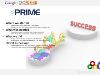 • Where we started
•
•

Initially unsuccessful online with 2 seo vendors
Selected top firm-180Fusion to take over to determine go/no go

• What was needed
•
•

Competitive industry- required best in class marketing
Metric driven firm and talent to execute and scale up

• What we did
•
•

Started with small initial investment with 180Fusion
Within 1 year, 180Fusion decreased our CPL and CPA by 65%!

• How it turned out
•
•

Grew budget over 10x with 180Fusion & Google to six figures per
month
Positive ROI and doubled employee base to handle demand

Google Confidential and Proprietary

34

 