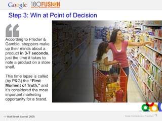 Step 3: Win at Point of Decision

According to Procter &
Gamble, shoppers make
up their minds about a
product in 3-7 seconds,
just the time it takes to
note a product on a store
shelf.
This time lapse is called
(by P&G) the “First
Moment of Truth," and
it's considered the most
important marketing
opportunity for a brand.

— Wall Street Journal, 2005

Google Confidential and Proprietary

9
9

 