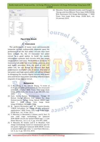 105 International Journal for Modern Trends in Science and Technology
Kanike Anjali and R. Varaprasad Rao : An Energy Efficiency Systematic Cell Design Methodology Using Inputs XOR
& XNOR
Fig:-6 Data Result
V. CONCLUSION
The performance of many more astronomically
immense circuits rudimentally depends upon the
performance of the full adder circuits that have
been utilized. So, the 14 transistor full adder
circuit is a good option to build the sizably
voluminous systems and circuits with low power
consumption and area. Predicated on analysis 14
transistor full adder has lesser delay, potency, area
and better precision. With the avail of this 14T
adder cell, we can design an efficient and high
performance multiplier unit. In future, this kind of
low power and high speed adder cell will be utilized
in designing the sundry digital circuits with lesser
area and hence less power and delay which is main
requisite of any digital circuit.
REFERENCES
[1] C.-H. Chang, J. Gu, and M. Zhang, “A review of
0.18-μm full adder performances for tree structured
arithmetic circuits,” IEEE Trans. Very Large Scale
Integr. (VLSI) Syst., vol. 13, no. 6, pp. 686–695, Jun.
2005.
[2] Goel, Ashok Kumar, M.A.Bayoumi, ”Design Of
Robust Energy Efficient Full Adders For Deep
Submicrometer Design Using Hybrid CMOS Logic
Style ”, IEEE Trans. Very Large Scale
Integr.(VLSI)Syst, December 2006.
[3] M. Aguirre-Hernandez and M. Linares-Aranda,
“CMOS full-adders for energy-efficient arithmetic
applications,” IEEE Trans. Very Large Scale Integr.
(VLSI) Syst., vol. 19,Apr. 2011.
[4] T. Nikoubin, A. Baniasadi, F. Eslami, and K. Navi, “A
new celld esign methodology for balanced
XOR-XNOR circuits for hybrid-CMOS logic,” J. Low
Power Electron., vol. 5, no. 4, pp. 474–483, 2009.
[5] T. Nikoubin, M. Grailoo, and S. H. Mozafari, “Cell
design methodology based on transmission gate for
low-power highspeed balanced XOR-XNOR circuits
in hybrid-CMOS logic style,” J. Low Power Electron.,
vol. 6, no. 4, pp. 503–512, 2010.
[6] Nikoubin, Tooraj, Mahdieh Grailoo, and Changzhi Li.
"Energy and Area Efficient Three-Input XOR/XNORs
With Systematic Cell Design Methodology." ,” IEEE
Trans. Very Large Scale Integr. (VLSI) Syst., vol.
24,January 2016
 