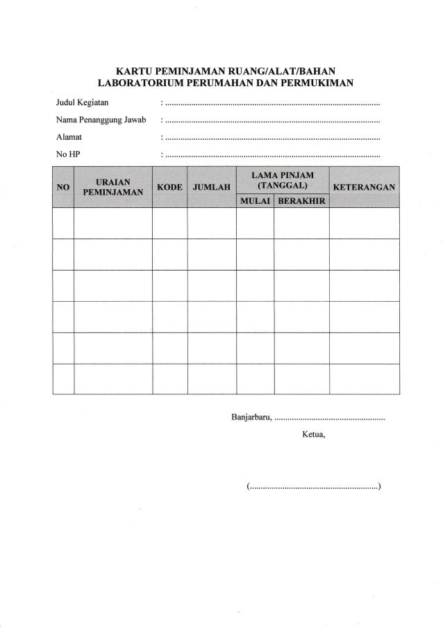 Contoh Kartu Pinjaman Alat Copy