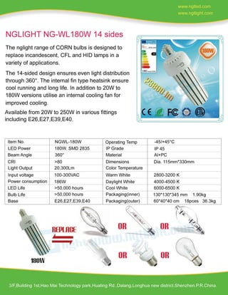 180W LED Corn Bulb Specification -www.ngtlight.com