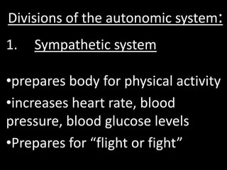 Divisions of the autonomic system:
1.   Sympathetic system

•prepares body for physical activity
•increases heart rate, blood
pressure, blood glucose levels
•Prepares for “flight or fight”
 