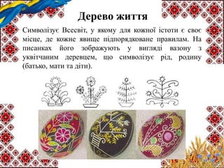 Дерево життя
Символізує Всесвіт, у якому для кожної істоти є своє
місце, де кожне явище підпорядковане правилам. На
писанках його зображують у вигляді вазону з
уквітчаним деревцем, що символізує рід, родину
(батько, мати та діти).
 