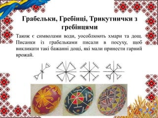 Грабельки, Гребінці, Трикутнички з
гребінцями
Також є символами води, уособлюють хмари та дощ.
Писанки із грабельками писали в посуху, щоб
викликати такі бажанні дощі, які мали принести гарний
врожай.
 