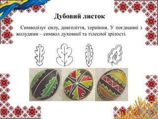 Дубовий листок
Символізує силу, довголіття, терпіння. У поєднанні з
жолудями – символ духовної та тілесної зрілості.
 