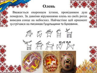 Олень
Вважається охоронцем істини, провідником душ
померлих. За давніми віруваннями олень на своїх рогах
виводив сонце на небосхил. Найчастіше цей орнамент
зустрічався на писанках Гуцульщини та Буковини.
 