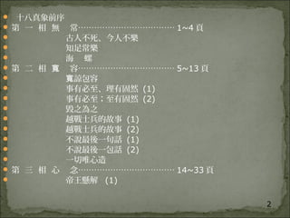 2
 十八真象前序
 第 一 相 無 常……………………………… 1~4 頁
 古人不死、今人不樂
 知足常樂
 海 螺
 第 二 相 寬 容……………………………… 5~13 頁
 諒包容寬
 事有必至、理有固然 (1)
 事有必至；至有固然 (2)
 毀之為之
 越戰士兵的故事 (1)
 越戰士兵的故事 (2)
 不說最後一句話 (1)
 不說最後一包話 (2)
 一切唯心造
 第 三 相 心 念……………………………… 14~33 頁
 帝王懸解 (1)
 
