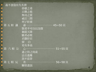 4
 義不食盜有失名實
 昏聵之勇
 百勝之術
 無功之賞
 威后三問
 列子拒栗
 第 五 相 謙 虛………………………… 45~50 頁
 賢者不可自以為賢
 禍從天降
 驕者必敗
 君聾於官
 留 白
 更有多高
 第 六 相 公 心…………………………… 51~55 頁
 遺之得之何索
 法官逃難
 罰不當罪
 第 七 相 反 省…………………………… 56~58 頁
 糊塗透頂
 