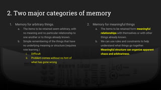2. Two major categories of memory
1. Memory for arbitrary things.
a. The items to be retained seem arbitrary, with
no meaning and no particular relationship to
one another or to things already known.
b. Simple remembering of the things that have
no underlying meaning or structure (requires
rote learning.)
i. Difficult
ii. Problem comes without no hint of
what has gone wrong
2. Memory for meaningful things
a. The items to be retained form meaningful
relationships with themselves or with other
things already known.
b. We can use rules and constraints to help
understand what things go together.
Meaningful structure can organize apparent
chaos and arbitrariness.
 
