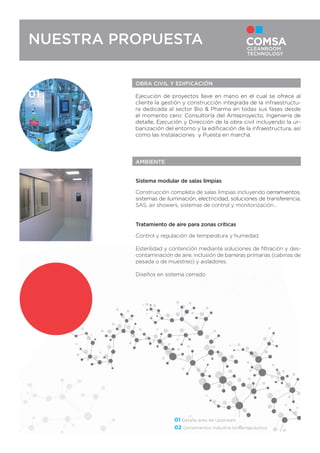 01
02
NUESTRA PROPUESTA
OBRA CIVIL Y EDIFICACIÓN
Ejecución de proyectos llave en mano en el cual se ofrece al
cliente la gestión y construcción integrada de la infraestructu-
ra dedicada al sector Bio & Pharma en todas sus fases desde
el momento cero: Consultoría del Anteproyecto, Ingeniería de
detalle, Ejecución y Dirección de la obra civil incluyendo la ur-
banización del entorno y la ediﬁcación de la infraestructura, así
como las Instalaciones y Puesta en marcha.
AMBIENTE
Sistema modular de salas limpias
Construcción completa de salas limpias incluyendo cerramientos,
sistemas de iluminación, electricidad, soluciones de transferencia,
SAS, air showers, sistemas de control y monitorización…
Tratamiento de aire para zonas críticas
Control y regulación de temperatura y humedad.
Esterilidad y contención mediante soluciones de ﬁltración y des-
contaminación de aire, inclusión de barreras primarias (cabinas de
pesada o de muestreo) y aisladores.
Diseños en sistema cerrado.
 