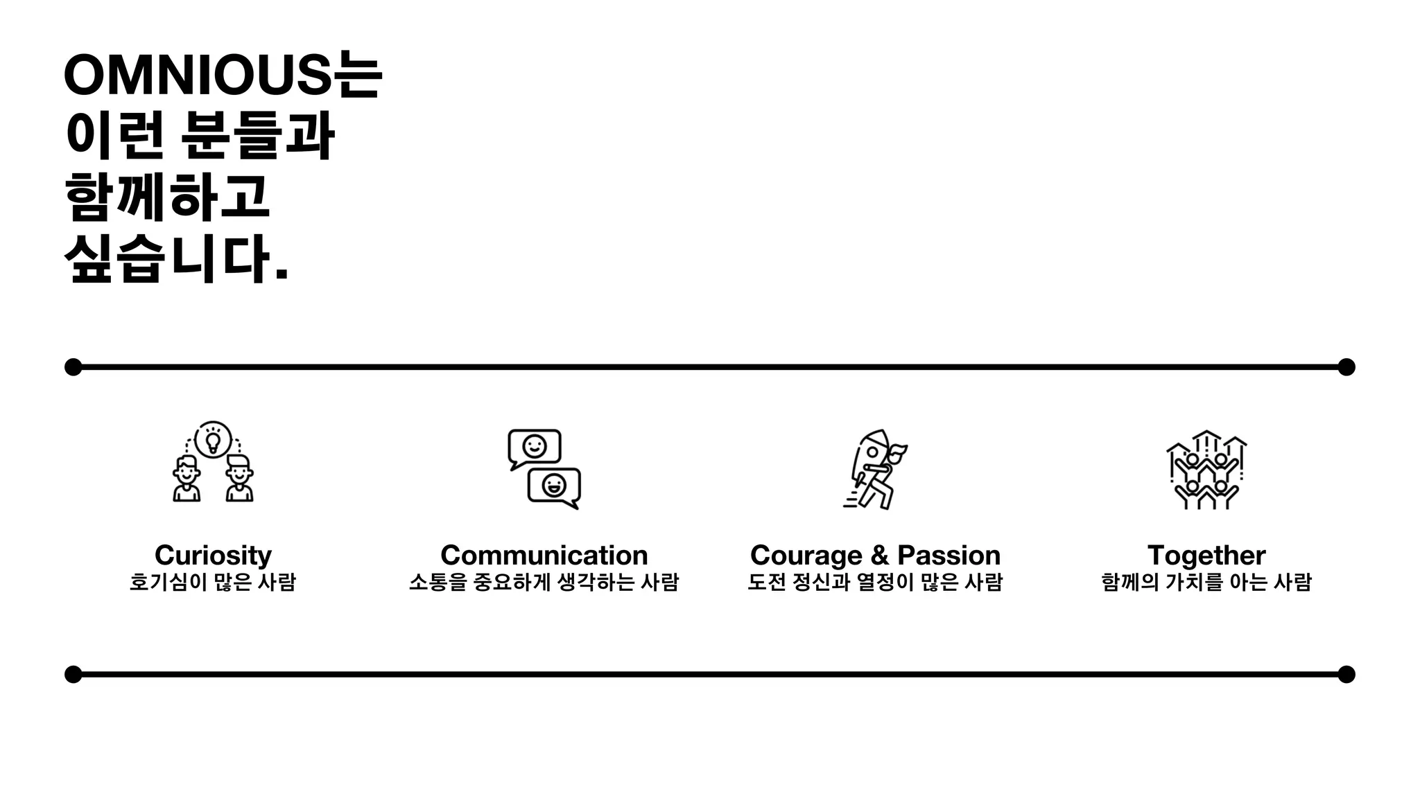 OMNIOUS는
이런 분들과
함께하고
싶습니다.
Curiosity
호기심이 많은 사람
Communication
소통을 중요하게 생각하는 사람
Courage & Passion
도전 정신과 열정이 많은 사람
Together
함께의 가치를 아는 사람
 