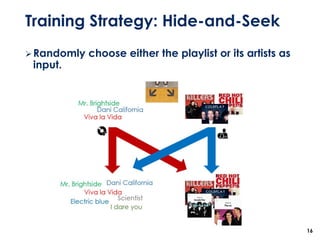 ➢Randomly choose either the playlist or its artists as
input.
16
Training Strategy: Hide-and-Seek
 