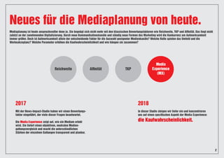 Neues für die Mediaplanung von heute.
2017
Mit der News-Impact-Studie haben wir einen Bewertungs-
faktor eingeführt, der viele dieser Fragen beantwortet.
Die Media Experience zeigt auf, wie ein Medium erlebt
wird. Sie liefert einen objektiven, neutralen Medien-
gattungsvergleich und macht die unterschiedlichen
Stärken der einzelnen Gattungen transparent und planbar.
2018
In dieser Studie steigen wir tiefer ein und konzentrieren
uns auf einen spezifischen Aspekt der Media Experience:
die Kaufwahrscheinlichkeit.
Mediaplanung ist heute anspruchsvoller denn je. Sie begnügt sich nicht mehr mit den klassischen Bewertungsfaktoren wie Reichweite, TKP und Affinität. Das liegt nicht
zuletzt an der zunehmenden Digitalisierung. Durch neue Kommunikationskanäle und ständig neue Formen des Marketing wird die Konkurrenz um Aufmerksamkeit
immer größer. Doch ist Aufmerksamkeit allein der entscheidende Faktor für die Auswahl geeigneter Medienkanäle? Welche Rolle spielen das Umfeld und die
Werbeakzeptanz? Welche Parameter erhöhen die Kaufwahrscheinlichkeit und wie hängen sie zusammen?
Reichweite Affinität TKP
Media
Experience
(MX)
2
 