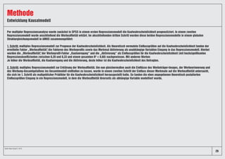 Entwicklung Kausalmodell
Methode
Per multipler Regressionsanalyse wurde zunächst in SPSS in einem ersten Regressionsmodell die Kaufwahrscheinlichkeit prognostiziert. In einem zweiten
Regressionsmodell wurde anschließend die Werbeaffinität erklärt. Im abschließenden dritten Schritt wurden diese beiden Regressionsmodelle in einem globalen
Strukturgleichungsmodell in AMOS zusammengeführt:
	
1. Schritt: multiples Regressionsmodell zur Prognose der Kaufwahrscheinlichkeit. Als theoretisch vermutete Einflussgrößen auf die Kaufwahrscheinlichkeit fanden der
ermittelte Faktor „Werbeaffinität“, die Faktoren des Werbeprofils sowie das Merkmal Aktivierung als unabhängige Variablen Eingang in das Regressionsmodell. Hierbei
wurden die „Werbeaffinität“, der Werbeprofil-Faktor „Kaufanregung“ und die „Aktivierung“ als Einflussgrößen für die Kaufwahrscheinlichkeit (mit hochsignifikanten
Regressionskoeffizienten zwischen 0,20 und 0,33 und einem gesamten R² = 0,60) nachgewiesen. Mit anderen Worten:
Je höher die Werbeaffinität, die Kaufanregung und die Aktivierung, desto höher ist die Kaufwahrscheinlichkeit des Befragten.
2. Schritt: multiples Regressionsmodell zur Erklärung der Werbeaffinität. Um nun gleichermaßen auch die Einflüsse des Werbeträger-Images, der Werbeerinnerung und
des Werbung-Gesamtgefallens ins Gesamtmodell einfließen zu lassen, wurde in einem zweiten Schritt der Einfluss dieser Merkmale auf die Werbeaffinität untersucht,
die sich im 1. Schritt als maßgeblicher Prädiktor für die Kaufwahrscheinlichkeit herausgestellt hatte. So fanden die eben angegebenen theoretisch postulierten
Einflussgrößen Eingang in ein Regressionsmodell, in dem die Werbeaffinität ihrerseits als abhängige Variable modelliert wurde.
29
Quelle: News Impact 2, 2018.
 