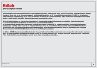 Entwicklung Kausalmodell
Methode
Per multipler Regressionsanalyse wurden wiederum signifikante Einflüsse gefunden: vom Imageprofil-Faktor „Dynamik/Emotionalität“, von der Kaufanregung, auf etwas
niedrigerem Niveau auch von der Werbeerinnerung sowie vom Werbung-Gesamtgefallen auf die Werbeaffinität (Bestimmtheitsmaß R² = 0,56). Die hier gefundenen
Einflüsse dienen als weitere Grundlage für das Kausal-Gesamtmodell zur Erklärung der Kaufwahrscheinlichkeit, in dem nun die beiden multiplen Regressionsmodelle
aus dem 1. und 2. Schritt in einem AMOS-Strukturgleichungsmodell zusammengeführt wurden.
3. Schritt: Zusammenführung der bisherigen Regressionsmodelle in einem globalen, über alle Mediengattungen hinweg gültigen Strukturgleichungsmodell
(= Kausal-Gesamtmodell mit dem Nachweis der Werbewirkung auf die Kaufwahrscheinlichkeit).
Im zusammengeführten, globalen Kausal-Gesamtmodell wurden die drei zentralen Prädiktoren für die Kaufwahrscheinlichkeit – Werbeaffinität, Kaufanregung
und Aktivierung – bestätigt. Zudem wurden für das Image des Werbeträgers (quasi als „vorgeschaltete“ Wirkungsvariable) im Gesamtmodell hochsignifikante,
verhältnismäßig hohe Korrelationen mit der Werbeaffinität, der Kaufanregung und der Aktivierung nachgewiesen. Zudem gibt es schwächere, aber signifikante
Zusammenhänge der Werbeaffinität mit der Werbeerinnerung und dem Werbung-Gesamtgefallen.
Im globalen AMOS-Strukturgleichungsmodell wurden darüber hinaus per konfirmatorischer Faktorenanalyse alle vorher per explorativer Faktorenanalyse gefundenen
und in die Regressionsmodelle eingegangenen verdichteten Faktoren (im Einzelnen: Imageprofil-Faktor „Dynamik/Emotionalität“, Werbeprofil-Faktor „Kaufanregung“,
Faktor „Werbeaffinität“) nochmals bestätigt und damit als für das Modell geeignete Konstrukte validiert.
30
Quelle: News Impact 2, 2018.
 
