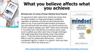 Bill Gates Dec 15 review of book: Mindset (Carol Dweck)
“In experiment after experiment, Dweck has shown that
the fixed mindset is a huge psychological roadblock—
regardless of whether you feel you were blessed with
talent or not. If you have the fixed mindset and believe
you were blessed with raw talent, you tend to spend a lot
of time trying to validate your “gift” rather than cultivating
it. To protect your self-identity as someone who’s super
smart or gifted, you often steer clear of tough challenges
that might jeopardize that identity. Here’s how Dweck
puts it: “From the point of view of the fixed mindset,
effort is only for people with deficiencies…. If you’re
considered a genius, a talent, or a natural—then you have
a lot to lose. Effort can reduce you.””
https://www.gatesnotes.com/Books/Mindset-The-New-Psychology-of-Success
What you believe affects what
you achieve
 
