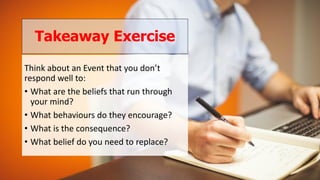 Takeaway Exercise
Think about an Event that you don’t
respond well to:
• What are the beliefs that run through
your mind?
• What behaviours do they encourage?
• What is the consequence?
• What belief do you need to replace?
 