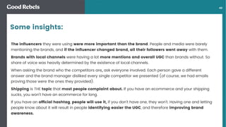 󰀁40
The inﬂuencers they were using were more important than the brand. People and media were barely
mentioning the brands, and if the inﬂuencer changed brand, all their followers went away with them.
Brands with local channels were having a lot more mentions and overall UGC than brands without. So
share of voice was heavily determined by the existence of local channels.
When asking the brand who the competitors are, ask everyone involved. Each person gave a different
answer and the brand manager disliked every single competitor we presented (of course, we had emails
proving those were the ones they provided).
Shipping is THE topic that most people complaint about. If you have an ecommerce and your shipping
sucks, you won’t have an ecommerce for long.
If you have an ofﬁcial hashtag, people will use it, if you don’t have one, they won’t. Having one and letting
people know about it will result in people identifying easier the UGC, and therefore improving brand
awareness.
Some insights:
 