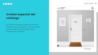 Unidad especial del
catálogo
Success stories | 󰀁59
Clic to play
IKEA Utiliza los principales insights de la data de
customer service para generar contenido creativo
que de respuesta a las principales dudas y
cuestiones que se plantean.
 