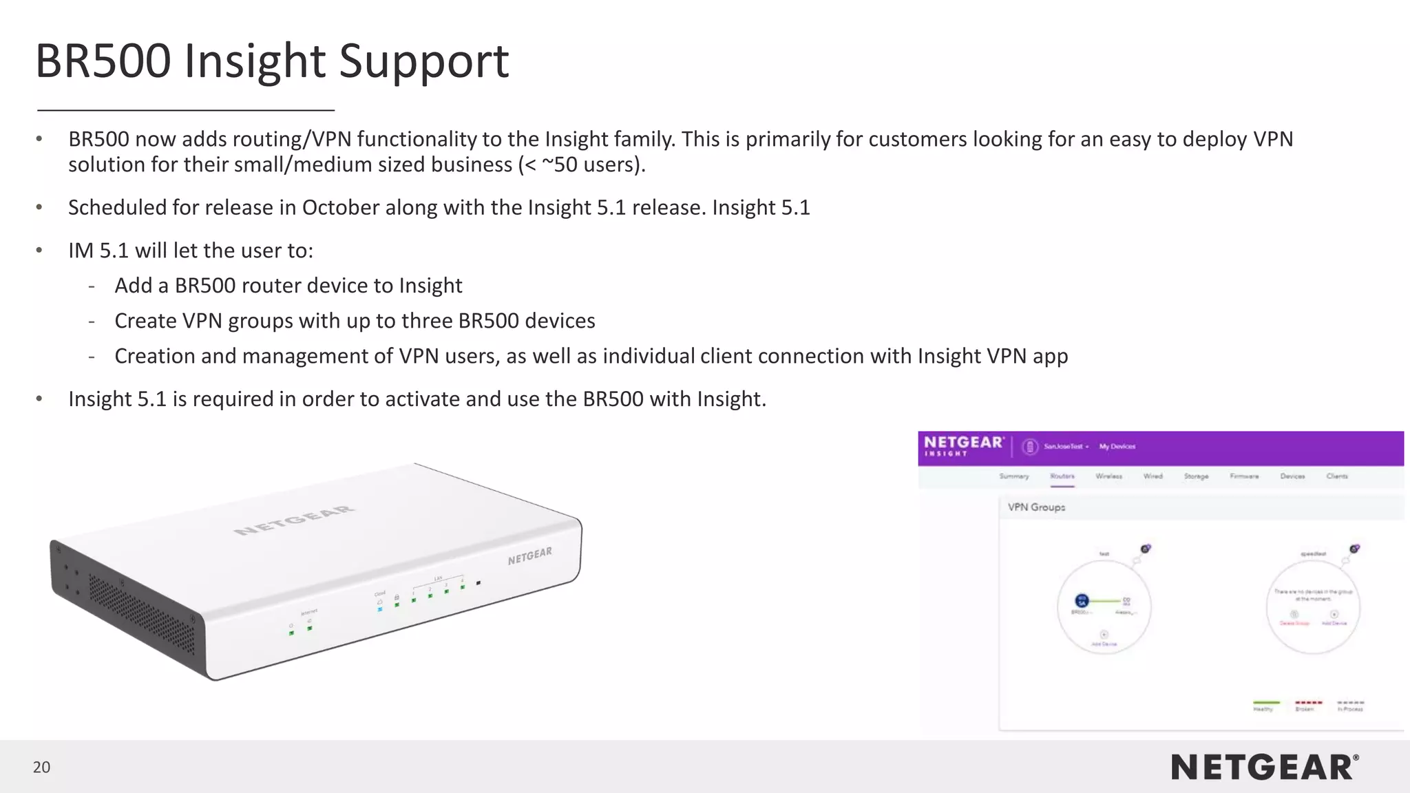 20
BR500 Insight Support
• BR500 now adds routing/VPN functionality to the Insight family. This is primarily for customers looking for an easy to deploy VPN
solution for their small/medium sized business (< ~50 users).
• Scheduled for release in October along with the Insight 5.1 release. Insight 5.1
• IM 5.1 will let the user to:
- Add a BR500 router device to Insight
- Create VPN groups with up to three BR500 devices
- Creation and management of VPN users, as well as individual client connection with Insight VPN app
• Insight 5.1 is required in order to activate and use the BR500 with Insight.
 