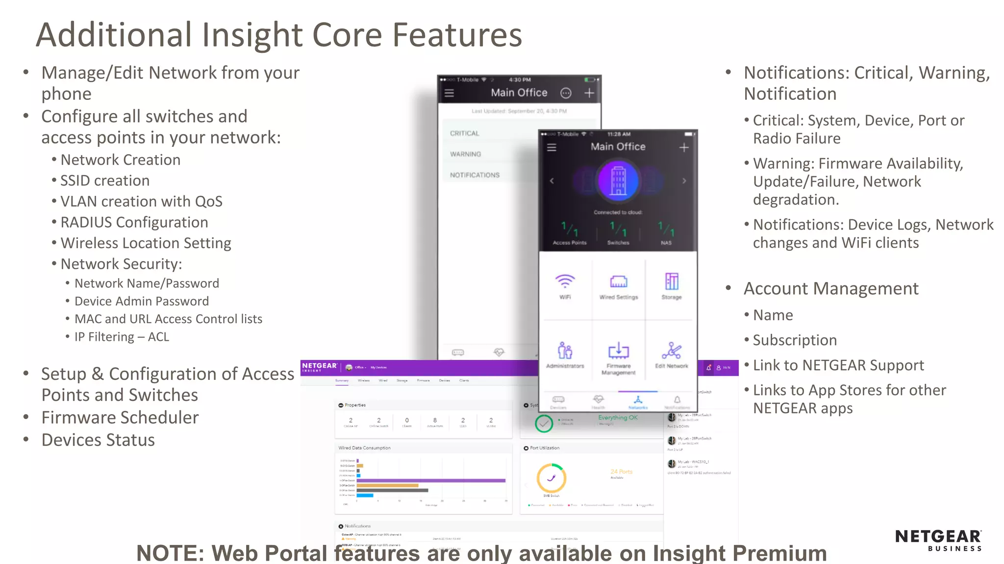 Additional Insight Core Features
• Manage/Edit Network from your
phone
• Configure all switches and
access points in your network:
• Network Creation
• SSID creation
• VLAN creation with QoS
• RADIUS Configuration
• Wireless Location Setting
• Network Security:
• Network Name/Password
• Device Admin Password
• MAC and URL Access Control lists
• IP Filtering – ACL
• Setup & Configuration of Access
Points and Switches
• Firmware Scheduler
• Devices Status
• Notifications: Critical, Warning,
Notification
• Critical: System, Device, Port or
Radio Failure
• Warning: Firmware Availability,
Update/Failure, Network
degradation.
• Notifications: Device Logs, Network
changes and WiFi clients
• Account Management
• Name
• Subscription
• Link to NETGEAR Support
• Links to App Stores for other
NETGEAR apps
NOTE: Web Portal features are only available on Insight Premium
 