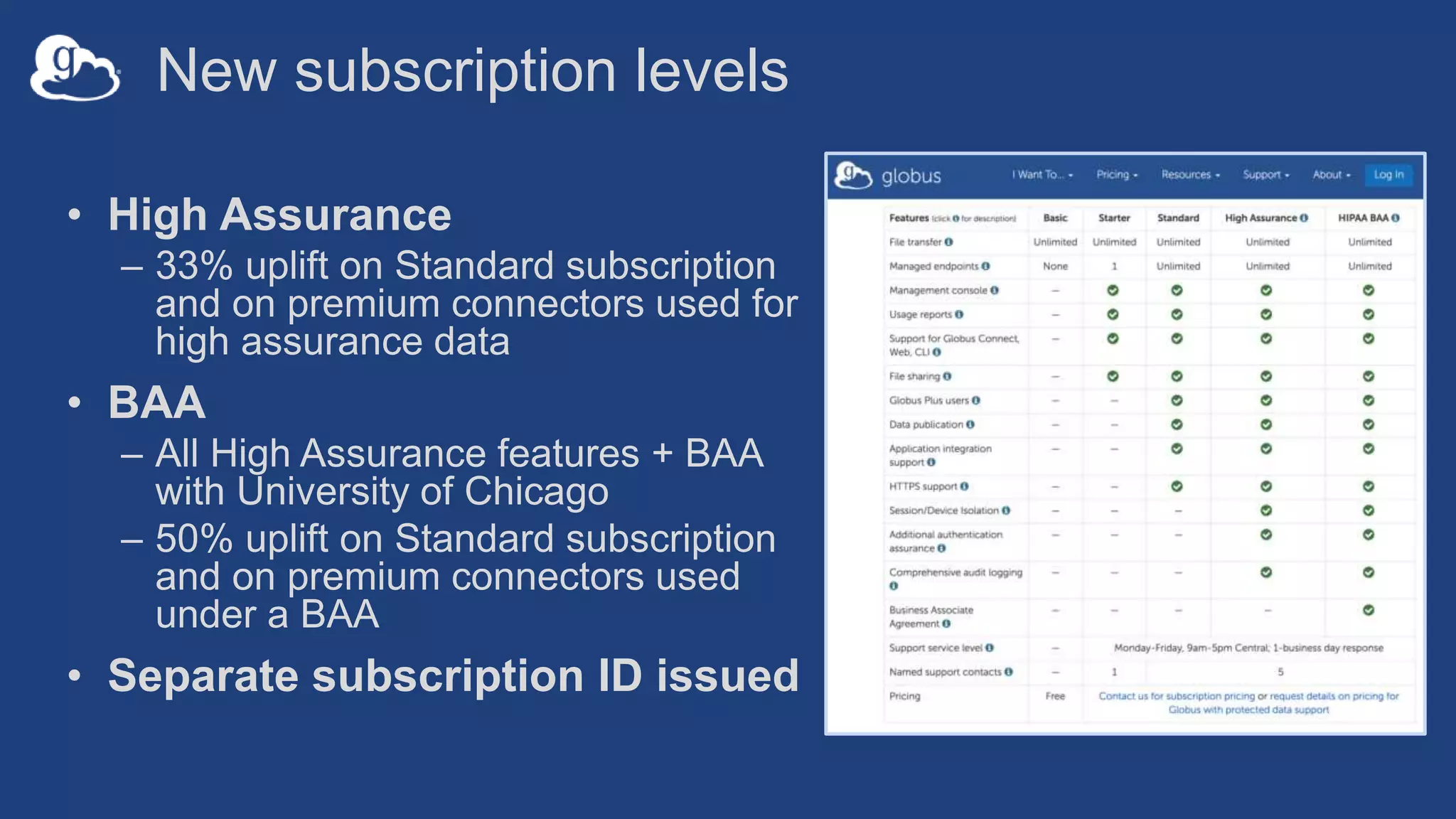 New subscription levels
• High Assurance
– 33% uplift on Standard subscription
and on premium connectors used for
high assurance data
• BAA
– All High Assurance features + BAA
with University of Chicago
– 50% uplift on Standard subscription
and on premium connectors used
under a BAA
• Separate subscription ID issued
 