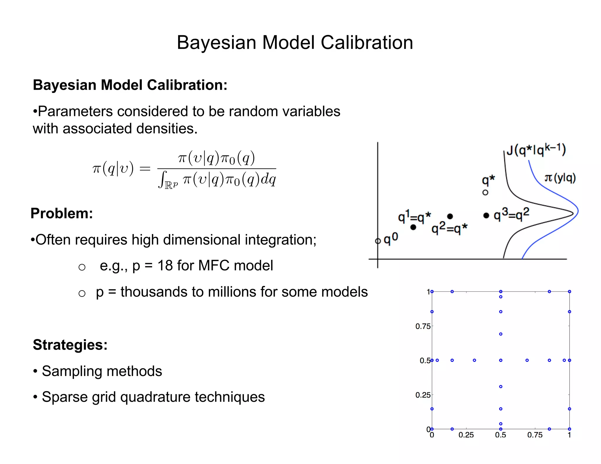 Bayesian Model Calibration
Bayesian Model Calibration:
•Parameters considered to be random variables
with associated densities.
Problem:
•Often requires high dimensional integration;
o e.g., p = 18 for MFC model
o p = thousands to millions for some models
Strategies:
• Sampling methods
• Sparse grid quadrature techniques
⇡(q| ) =
⇡( |q)⇡0(q)
R
Rp ⇡( |q)⇡0(q)dq
 