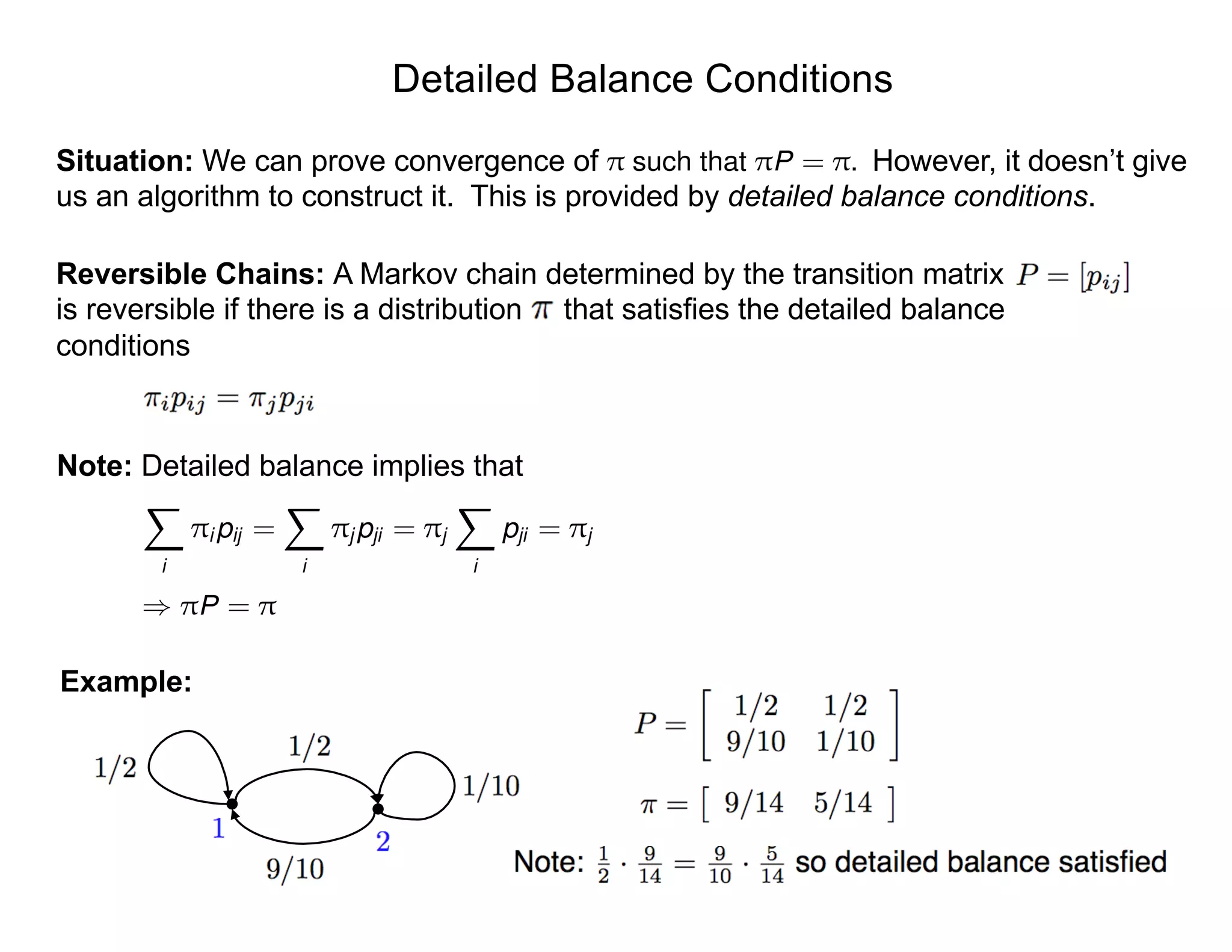Detailed Balance Conditions
Reversible Chains: A Markov chain determined by the transition matrix
is reversible if there is a distribution that satisfies the detailed balance
conditions
Note: Detailed balance implies that
Example:
Situation: We can prove convergence of However, it doesn’t give
us an algorithm to construct it. This is provided by detailed balance conditions.
⇡ such that ⇡P = ⇡.
X
i
⇡i pij =
X
i
⇡j pji = ⇡j
X
i
pji = ⇡j
) ⇡P = ⇡
 