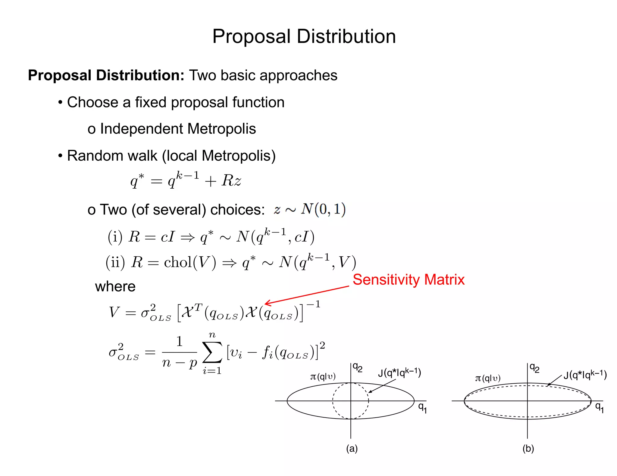 Proposal Distribution
Proposal Distribution: Two basic approaches
• Choose a fixed proposal function
o Independent Metropolis
• Random walk (local Metropolis)
o Two (of several) choices:
q⇤
= qk 1
+ Rz
(i) R = cI ) q⇤
⇠ N(qk 1
, cI)
(ii) R = chol(V ) ) q⇤
⇠ N(qk 1
, V )
where
)
1
q2
q1
q2q*( |qk−1) q*( |qk−1)
(a) (b)
J J(q| (q| )
q
V = 2
OLS
⇥
XT
(qOLS )X(qOLS )
⇤ 1
2
OLS =
1
n p
nX
i=1
[ i fi(qOLS )]
2
Sensitivity Matrix
 