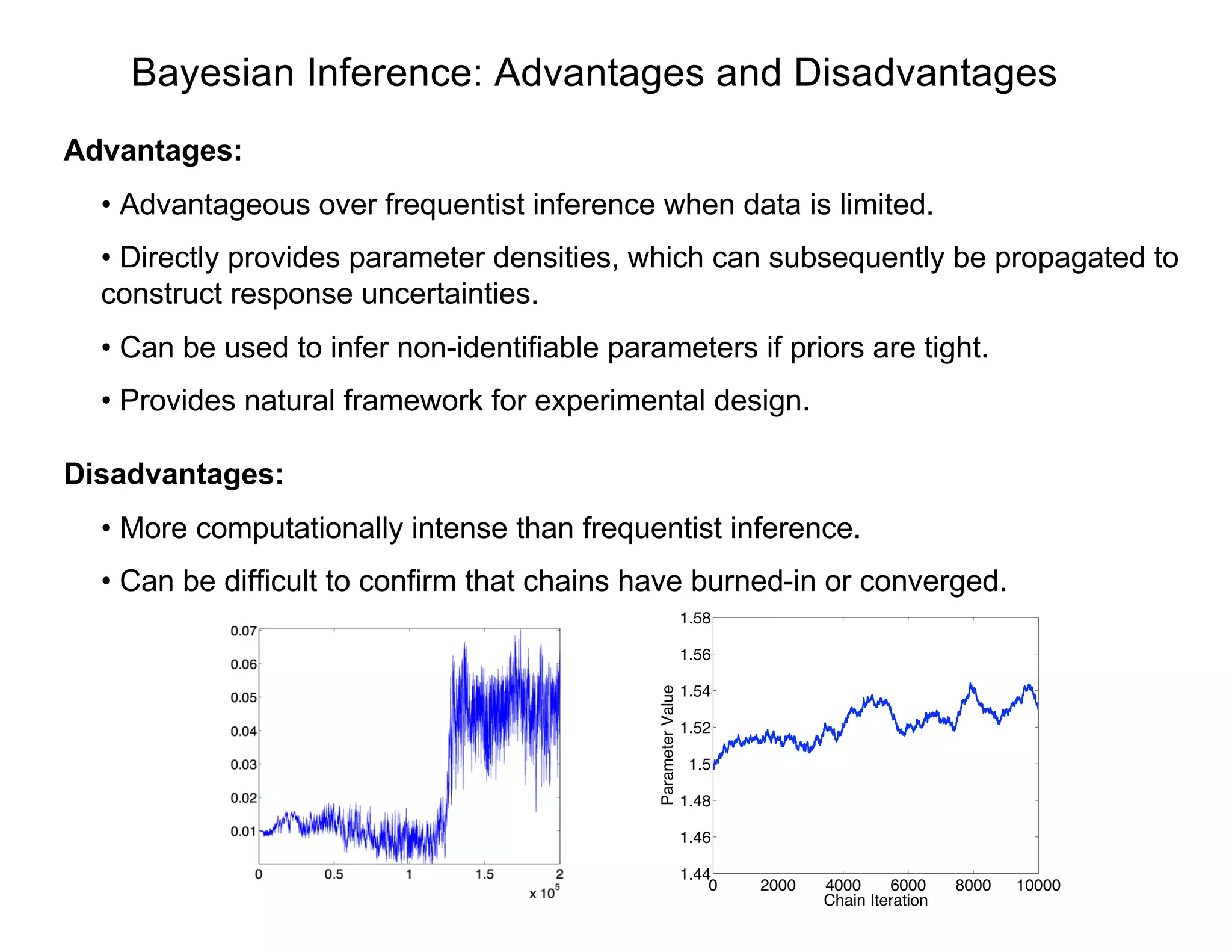 Bayesian Inference: Advantages and Disadvantages
Advantages:
• Advantageous over frequentist inference when data is limited.
• Directly provides parameter densities, which can subsequently be propagated to
construct response uncertainties.
• Can be used to infer non-identifiable parameters if priors are tight.
• Provides natural framework for experimental design.
Disadvantages:
• More computationally intense than frequentist inference.
• Can be difficult to confirm that chains have burned-in or converged.
0 2000 4000 6000 8000 10000
1.44
1.46
1.48
1.5
1.52
1.54
1.56
1.58
Chain Iteration
ParameterValue
 
