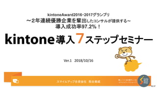 導入７ステップセミナー
Ver.1 2018/10/16
スマイルアップ合資会社 熊谷美威
kintoneAward2016・2017グランプリ
〜２年連続優勝企業を輩出したコンサルが提供する〜
導入成功率97.2%！
 