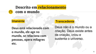 Descrito em relacionamento
com o mundo
10
Imanente
Deus está relacionado com
o mundo, ele age no
mundo, se relaciona com
pessoas, opera milagres
etc.
Transcedente
Deus não é o mundo ou a
criação, Deus existe antes
da criação, criou e
sustenta o universo.
 