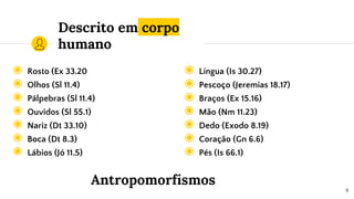 Descrito em corpo
humano
◉ Rosto (Ex 33.20
◉ Olhos (Sl 11.4)
◉ Pálpebras (Sl 11.4)
◉ Ouvidos (Sl 55.1)
◉ Nariz (Dt 33.10)
◉ Boca (Dt 8.3)
◉ Lábios (Jó 11.5)
9
◉ Língua (Is 30.27)
◉ Pescoço (Jeremias 18.17)
◉ Braços (Ex 15.16)
◉ Mão (Nm 11.23)
◉ Dedo (Exodo 8.19)
◉ Coração (Gn 6.6)
◉ Pés (Is 66.1)
Antropomorfismos
 