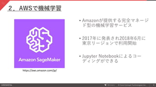CONFIDENTIAL © Core Concept Technologies Inc.
２．AWSで機械学習
4
• Amazonが提供する完全マネージ
ド型の機械学習サービス
• 2017年に発表され2018年6月に
東京リージョンで利用開始
• Jupyter Notebookによるコー
ディングができる
https://aws.amazon.com/jp/
 