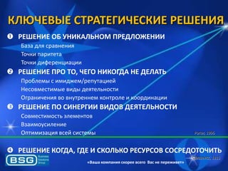 КЛЮЧЕВЫЕ СТРАТЕГИЧЕСКИЕ РЕШЕНИЯ
 РЕШЕНИЕ ОБ УНИКАЛЬНОМ ПРЕДЛОЖЕНИИ
База длѐ сравнениѐ
Точки паритета
Точки диференциации

 РЕШЕНИЕ ПРО ТО, ЧЕГО НИКОГДА НЕ ДЕЛАТЬ
Проблемы с имиджем/репутацией
Несовместимые виды деѐтельности
Ограничениѐ во внутреннем контроле и координации

 РЕШЕНИЕ ПО СИНЕРГИИ ВИДОВ ДЕЯТЕЛЬНОСТИ
Совместимость элементов
Взаимоусиление
Оптимизациѐ всей системы

Porter, 1996

 РЕШЕНИЕ КОГДА, ГДЕ И СКОЛЬКО РЕСУРСОВ СОСРЕДОТОЧИТЬ
Clauzevitz, 1815

«Ваша компания скорее всего Вас не переживет»

 