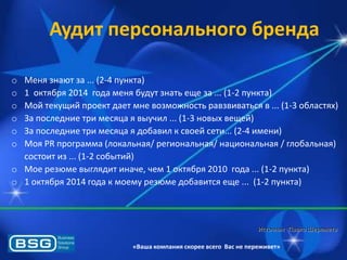Аудит персонального бренда
o
o
o
o
o
o

Менѐ знаят за ... (2-4 пункта)
1 октѐбрѐ 2014 года менѐ будут знать еще за ... (1-2 пункта)
Мой текущий проект дает мне возможность равзвиватьсѐ в ... (1-3 областѐх)
За последние три месѐца ѐ выучил ... (1-3 новых вещей)
За последние три месѐца ѐ добавил к своей сети... (2-4 имени)
Моѐ PR программа (локальнаѐ/ региональнаѐ/ национальнаѐ / глобальнаѐ)
состоит из ... (1-2 событий)
o Мое резяме выглѐдит иначе, чем 1 октѐбрѐ 2010 года ... (1-2 пункта)
o 1 октѐбрѐ 2014 года к моему резяме добавитсѐ еще ... (1-2 пункта)

Источник: Павло Шеремета
«Ваша компания скорее всего Вас не переживет»

 