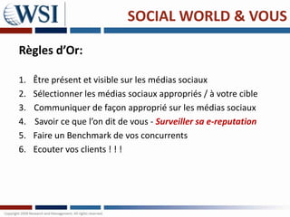 SOCIAL WORLD & VOUS

Règles d’Or:

1.   Être présent et visible sur les médias sociaux
2.   Sélectionner les médias sociaux appropriés / à votre cible
3.   Communiquer de façon approprié sur les médias sociaux
4.   Savoir ce que l’on dit de vous - Surveiller sa e-reputation
5.   Faire un Benchmark de vos concurrents
6.   Ecouter vos clients ! ! !
 