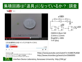 2018/10/24 Interface Device Laboratory, Kanazawa University http://ifdl.jp/
集積回路は「道具」になっているか？：調査
https://www.youtube.com/watch?v=A188CYfuKQ0
http://www.nicovideo.jp/watch/sm23660093
CMOS 0.18um 5Al
2.5mm x 2.5mm
RingOSC x 1001
T-FF (Div)
 