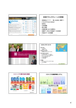 8
2018/10/29 (c)2018 H.Mizushima all rights reserved. 43
Tim Mackey氏より
医療ブロックチェーンの課題
• 管理者は？？？ （国、自治体、民間？）
• だれがアクセスできるか
• 暗号化
• 法的課題
• 個人認証
• 流通交換における標準化
• 画像データなど大容量データの保存
• 死後のデータの権限
2018/10/29 (c)2018 H.Mizushima all rights reserved. 44
2018/10/29 (c)2018 H.Mizushima all rights reserved. 45
エストニアについてエストニアについてエストニアについてエストニアについて
 Facts about e-services
 88% 家庭に高速ネットワーク(2015)
 82% モバイルインターネット接続(2016)
 96% E-Tax で収入申告 (2016)
 32% 電子投票(2017)
 99% 電子送金
 その他その他その他その他
 NATO サイバーでフェンスセンター(2008)
 Skypeの開発国
 Basic facts
 人口130万人
 全国民にID-code
 Health care system
 医療費はGDPの 6% (9,5% in OECD)
2018/10/29 (c)2018 H.Mizushima all rights reserved. 46Peeter Ross教授の資料より
エストニアの電子政府の概要エストニアの電子政府の概要エストニアの電子政府の概要エストニアの電子政府の概要
世界銀行資料より
公的機関 企業等
住民
情報
納税、
投票
国勢調査
健康
保険
自動車
情報
電子文
書管理
公文書
登録
電力
ガス
通信
銀行
ポータルサイト 認証局
地理
情報
土地登記
X-roadセンター
サーバー
１
サーバー
2
ヘルプ
デスク
中央
監視
X-road 認証センター
管理シ
ステム
組織ポータル
地域ポータル
国家ポータル
公務員企業国民
エストニアの健康情報システムエストニアの健康情報システムエストニアの健康情報システムエストニアの健康情報システム
X-Road, ID-card, State IS Service RegisterX-Road, ID-card, State IS Service Register
医療機関
-病院等
-医師等
-薬剤師等
医療省
-統計センター
-医薬局
戸籍
薬局
2010.1
企業登録
病院
2009
家庭医
2009
学校保健師
2010.9
救急医療
2014
全国医療情報
システム
2008 December
電子処方箋
システム
2010 January
患者ポータル
サイト
2009
X-ROAD 接続
2009
疾患統計.
がん.HIV.心筋梗塞.
結核.Etc.
国による安全なネットワーク環境国による安全なネットワーク環境国による安全なネットワーク環境国による安全なネットワーク環境
X-Road, ID-カードカードカードカード, モバイルモバイルモバイルモバイル-ID等等等等
運転免許健康診査運転免許健康診査運転免許健康診査運転免許健康診査
2015
全国医療画像
管理システム
2005
薬物間相互作用DB
2016
Peeter Ross教授の資料より
2018/10/29 (c)2018 H.Mizushima all rights reserved. 48
 