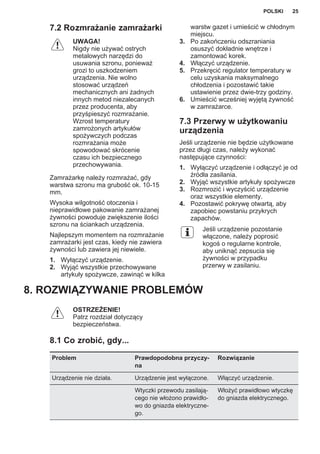 7.2 Rozmrażanie zamrażarki
UWAGA!
Nigdy nie używać ostrych
metalowych narzędzi do
usuwania szronu, ponieważ
grozi to uszkodzeniem
urządzenia. Nie wolno
stosować urządzeń
mechanicznych ani żadnych
innych metod niezalecanych
przez producenta, aby
przyśpieszyć rozmrażanie.
Wzrost temperatury
zamrożonych artykułów
spożywczych podczas
rozmrażania może
spowodować skrócenie
czasu ich bezpiecznego
przechowywania.
Zamrażarkę należy rozmrażać, gdy
warstwa szronu ma grubość ok. 10-15
mm.
Wysoka wilgotność otoczenia i
nieprawidłowe pakowanie zamrażanej
żywności powoduje zwiększenie ilości
szronu na ściankach urządzenia.
Najlepszym momentem na rozmrażanie
zamrażarki jest czas, kiedy nie zawiera
żywności lub zawiera jej niewiele.
1. Wyłączyć urządzenie.
2. Wyjąć wszystkie przechowywane
artykuły spożywcze, zawinąć w kilka
warstw gazet i umieścić w chłodnym
miejscu.
3. Po zakończeniu odszraniania
osuszyć dokładnie wnętrze i
zamontować korek.
4. Włączyć urządzenie.
5. Przekręcić regulator temperatury w
celu uzyskania maksymalnego
chłodzenia i pozostawić takie
ustawienie przez dwie-trzy godziny.
6. Umieścić wcześniej wyjętą żywność
w zamrażarce.
7.3 Przerwy w użytkowaniu
urządzenia
Jeśli urządzenie nie będzie użytkowane
przez długi czas, należy wykonać
następujące czynności:
1. Wyłączyć urządzenie i odłączyć je od
źródła zasilania.
2. Wyjąć wszystkie artykuły spożywcze
3. Rozmrozić i wyczyścić urządzenie
oraz wszystkie elementy.
4. Pozostawić pokrywę otwartą, aby
zapobiec powstaniu przykrych
zapachów.
Jeśli urządzenie pozostanie
włączone, należy poprosić
kogoś o regularne kontrole,
aby uniknąć zepsucia się
żywności w przypadku
przerwy w zasilaniu.
8. ROZWIĄZYWANIE PROBLEMÓW
OSTRZEŻENIE!
Patrz rozdział dotyczący
bezpieczeństwa.
8.1 Co zrobić, gdy...
Problem Prawdopodobna przyczy‐
na
Rozwiązanie
Urządzenie nie działa. Urządzenie jest wyłączone. Włączyć urządzenie.
Wtyczki przewodu zasilają‐
cego nie włożono prawidło‐
wo do gniazda elektryczne‐
go.
Włożyć prawidłowo wtyczkę
do gniazda elektrycznego.
POLSKI 25
 