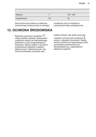 Napięcie V 230 - 240
Częstotliwość Hz 50
Dane techniczne podano na tabliczce
znamionowej umieszczonej na zewnątrz
urządzenia oraz na etykiecie z
oznaczeniem klasy energetycznej.
12. OCHRONA ŚRODOWISKA
Materiały oznaczone symbolem
należy poddać utylizacji. Opakowanie
urządzenia włożyć do odpowiedniego
pojemnika w celu przeprowadzenia
recyklingu. Należy zadbać o ponowne
przetwarzanie odpadów urządzeń
elektrycznych i elektronicznych, aby
chronić środowisko naturalne oraz
ludzkie zdrowie. Nie wolno wyrzucać
urządzeń oznaczonych symbolem
razem z odpadami domowymi. Należy
zwrócić produkt do miejscowego punktu
ponownego przetwarzania lub
skontaktować się z odpowiednimi
władzami miejskimi.
POLSKI 31
 