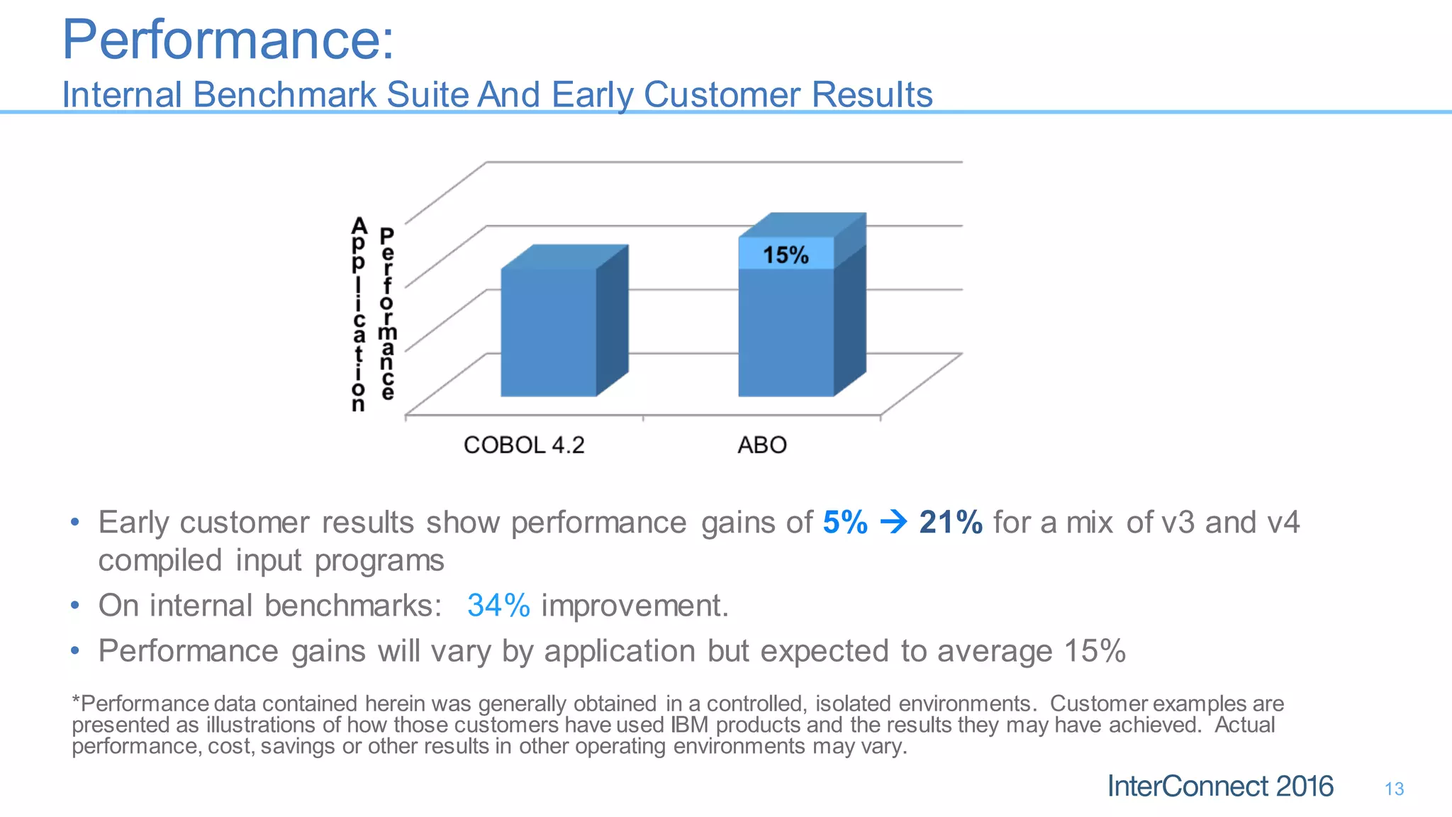 Performance:
Internal Benchmark Suite And Early Customer Results
• Early customer results show performance gains of 5%  21% for a mix of v3 and v4
compiled input programs
• On internal benchmarks: 34% improvement.
• Performance gains will vary by application but expected to average 15%
13
*Performance data contained herein was generally obtained in a controlled, isolated environments. Customer examples are
presented as illustrations of how those customers have used IBM products and the results they may have achieved. Actual
performance, cost, savings or other results in other operating environments may vary.
 