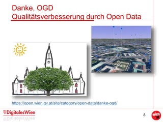 8
Danke, OGD
Qualitätsverbesserung durch Open Data
https://open.wien.gv.at/site/category/open-data/danke-ogd/
 