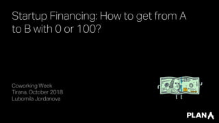 Startup Financing: How to get from A
to B with 0 or 100?
Coworking Week
Tirana, October 2018
Lubomila Jordanova
 
