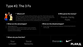 Type #2. The 3 Fs
* What is it?
The three Fs are friends, family and fools. Less than 1% of start-ups raise
venture capita...