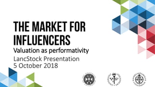THE MARKET FOR
INFLUENCERS
Valuation as performativity
LancStock Presentation
5 October 2018
 