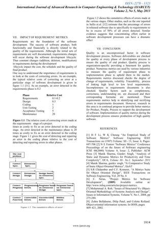 ISSN: 2278 – 1323
International Journal of Advanced Research in Computer Engineering & Technology (IJARCET)
Volume 2, No 5, May 2013
1814
www.ijarcet.org
VII . IMPACT OF REQUIREMENT METRICS
Requirements are the foundation of the software
development. The success of software product, both
functionally and financially is directly related to the
quality of the requirements. Although the initial sets of
requirements are well documented, requirements changes
will occur during the software development lifecycle.
Thus constant changes (addition, deletion, modification)
in requirements during the development
lifecycle impact the cost, the schedule and the quality of
final product.
One way to understand the importance of requirements is
to look at the costs of correcting errors. As an example,
the typical relative costs of correcting an error at a
particular stage of software development is given in
figure 1.1 [11]. As an example, an error detected in the
requirements phase is 0.2
Phase Relative Cost
Requirements 0.1-0.2
Design 0.5
Coding 1
Unit Testing 2
Acceptance Testing 5
Maintenance 20
Figure 1.1: The relative costs of correcting errors made at
the requirements stage of a project.
times as costly to fix as an error detected in the coding
stage. An error detected in the maintenance phase is 20
times as costly to fix as an error detected in the coding
stage. Figure 1.1 gives the cost of detecting and repairing
an error in the coding phase relative to the cost of
detecting and repairing errors in other phases.
Figure 1.2 shows the cumulative effects of errors made at
the various stages. Other studies, such as the one reported
in Sallis et.al. [12] estimate that the percentage of errors
in released software due to specifically to requirements to
be in excess of 50% of all errors detected. Similar
evidence suggests that concentrating effort earlier in
software development processes can have a dramatic
effect
VII. CONCLUSION
Quality is an uncompromised factor in software
development process. Software deliverables are checked
for quality at every phase of development process to
ensure the quality of end product. Quality process is
organization-specific providing a basement for quality
product. Numerous metrics are used by various industries
to measure the quality of requirement phase to
implementation phase to uphold them in the market.
Requirements metrics discussed checks the degree of
change of requirements, volatility. Traceability, process
of linking high level to low level requirements.
Incompleteness in requirements documents is also
checked. Quality factors such as completeness,
correctness, understanding etc. are discussed and their
corresponding formulae are mentioned. These
requirements metrics help in identifying and rectifying
errors in requirements document. However, research in
this area is in continual progress to provide better metrics
for Product, People, Process to support the development
of software. Implementation of quality metrics during the
development process ensures production of high quality
software.
REFERENCES
[1] H F Li, W K Cheung “An Empirical Study of
Software Metrics” Software Engineering IEEE
Transactions on (1987) Volume: SE- 13, Issue: 6, Pages:
697-708 [2] N E Fenton “Software Metrics” Conference
Proceedings of on the future of Software engineering
ICSE 00(2000) Volume: 8, Issue: 2, Publisher: ACM
Press [3] Manik Sharma, Gurdev Singh, “Analysis of
Static and Dynamic Metrics for Productivity and Time
Complexity”, IJCA, Volume 30– No.1, September 2011
[4] Manik Sharma, gurdev singh, “A Comparative Study
of Static Object Oriented Metrics”, IJoAT
[5] S.R Chidamber and C.F. Kemerer, “A Metrics Suite
for Object Oriented Design”, IEEE Transactions on
Software Engineering, Vol. 20 No. 6
[6] C. Sirias, “Project Metrics for Software
Development”, (2009) Available online at:
http://www.infoq.com/articles/project-metrics.
[7] Mohammad A. Rob, “Issues of Structured Vs. Object-
Oriented Methodology of Systems Analysis and Design”,
Issues in Information Systems, Volume V, No.1, 2004, pp
275-280.
[8]. Zohra Bellahsene, Dilip Patel, and Colette Rolland.
Object-oriented information systems. In OOIS, pages
409–421, 2002.
 