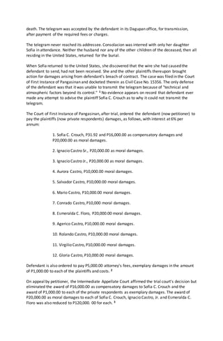 death. The telegram was accepted by the defendant in its Dagupan office, for transmission,
after payment of the required fees or charges.
The telegram never reached its addressee. Consolacion was interred with only her daughter
Sofia in attendance. Neither the husband nor any of the other children of the deceased, then all
residing in the United States, returned for the burial.
When Sofia returned to the United States, she discovered that the wire she had caused the
defendant to send, had not been received. She and the other plaintiffs thereupon brought
action for damages arising from defendant's breach of contract. The case was filed in the Court
of First Instance of Pangasinan and docketed therein as Civil Case No. 15356. The only defense
of the defendant was that it was unable to transmit the telegram because of "technical and
atmospheric factors beyond its control." 1 No evidence appears on record that defendant ever
made any attempt to advise the plaintiff Sofia C. Crouch as to why it could not transmit the
telegram.
The Court of First Instance of Pangasinan, after trial, ordered the defendant (now petitioner) to
pay the plaintiffs (now private respondents) damages, as follows, with interest at 6% per
annum:
1. Sofia C. Crouch, P31.92 and P16,000.00 as compensatory damages and
P20,000.00 as moral damages.
2. Ignacio Castro Sr., P20,000.00 as moral damages.
3. Ignacio Castro Jr., P20,000.00 as moral damages.
4. Aurora Castro, P10,000.00 moral damages.
5. Salvador Castro, P10,000.00 moral damages.
6. Mario Castro, P10,000.00 moral damages.
7. Conrado Castro, P10,000 moral damages.
8. Esmeralda C. Floro, P20,000.00 moral damages.
9. Agerico Castro, P10,000.00 moral damages.
10. Rolando Castro, P10,000.00 moral damages.
11. Virgilio Castro, P10,000.00 moral damages.
12. Gloria Castro, P10,000.00 moral damages.
Defendant is also ordered to pay P5,000.00 attorney's fees, exemplary damages in the amount
of P1,000.00 to each of the plaintiffs and costs. 2
On appeal by petitioner, the Intermediate Appellate Court affirmed the trial court's decision but
eliminated the award of P16,000.00 as compensatory damages to Sofia C. Crouch and the
award of P1,000.00 to each of the private respondents as exemplary damages. The award of
P20,000.00 as moral damages to each of Sofia C. Crouch, Ignacio Castro, Jr. and Esmeralda C.
Floro was also reduced to P120,000. 00 for each. 3
 