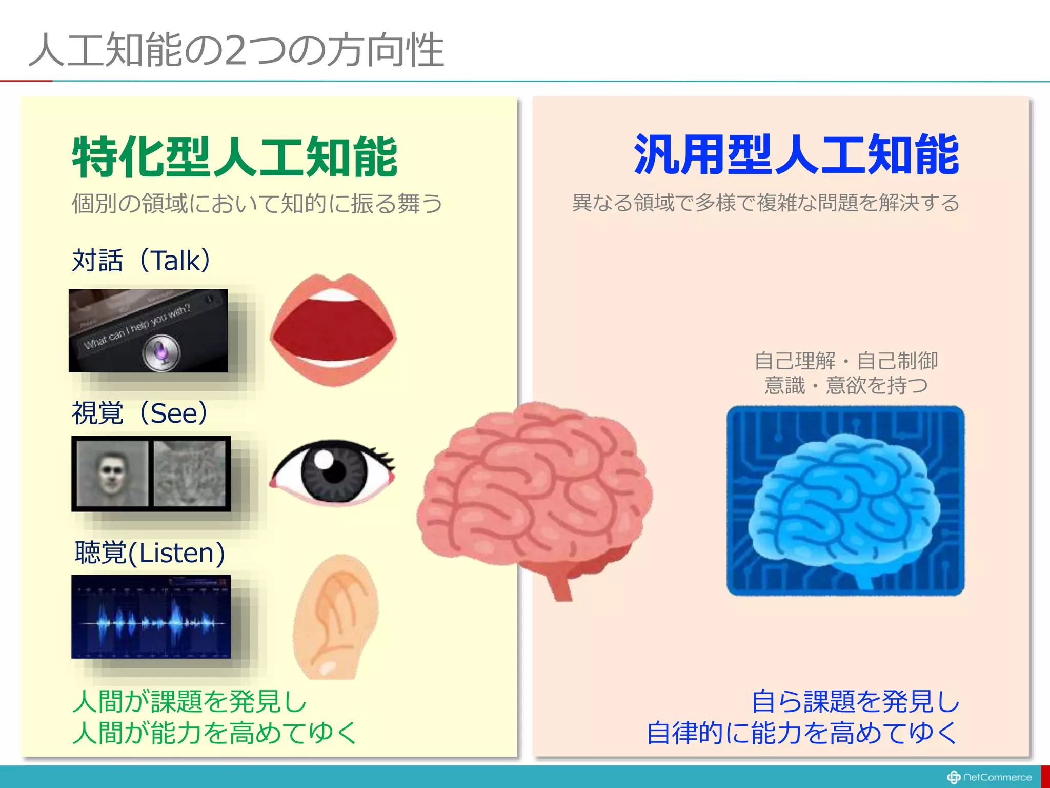 人工知能の2つの方向性
視覚（See）
聴覚(Listen)
対話（Talk）
汎用型人工知能
異なる領域で多様で複雑な問題を解決する
特化型人工知能
個別の領域において知的に振る舞う
自己理解・自己制御
意識・意欲を持つ
自ら課題を発見し
自律的に能力を高めてゆく
人間が課題を発見し
人間が能力を高めてゆく
 